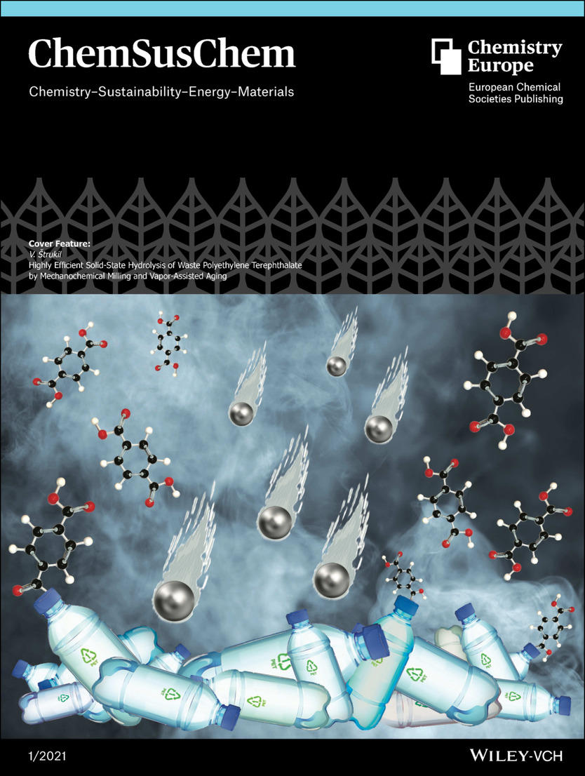 Cover Feature: Highly Efficient Solid‐State Hydrolysis of Waste Polyethylene Terephthalate by Mechanochemical Milling and Vapor‐Assisted Aging (ChemSusC...